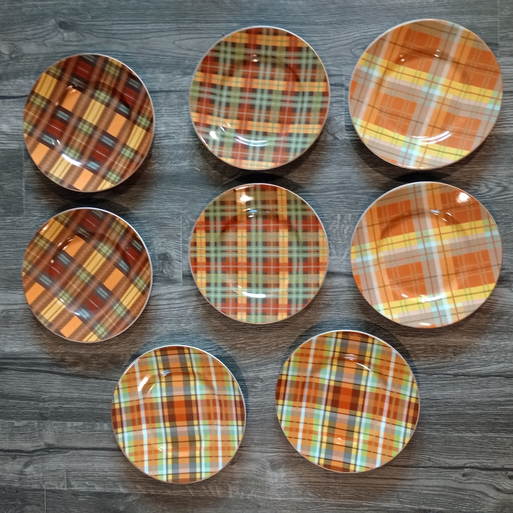 Pier 1 Set of 8 Harvest Plaid Autumn Salad 8.7" diameter porcelain